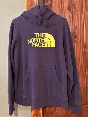 The North Face Men's Dark Purple Crewneck Hoodie with Yellow Logo